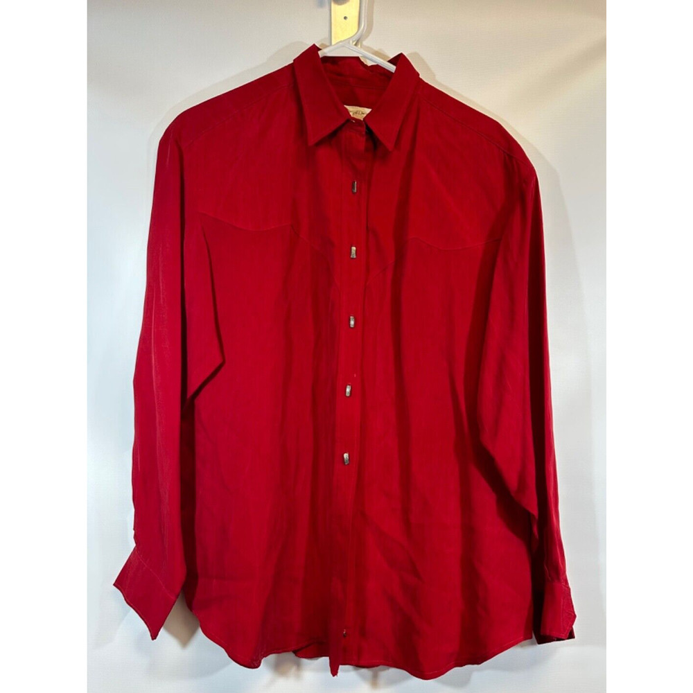 Vintage Western Shirt L Blouse Red Rayon Metal Buttons Longhorn Western USA D41
